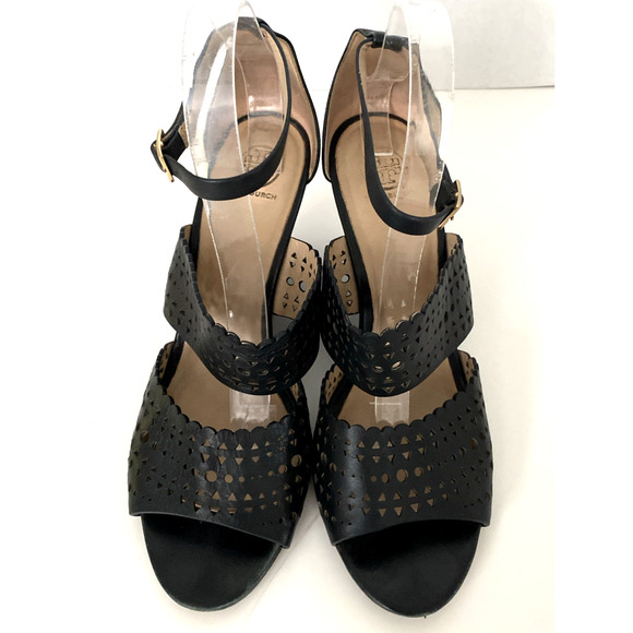 Tory Burch Perforated Gladiator Wedge Sandal Black Leather Laser Cut Open Toe 11 - Picture 4 of 7